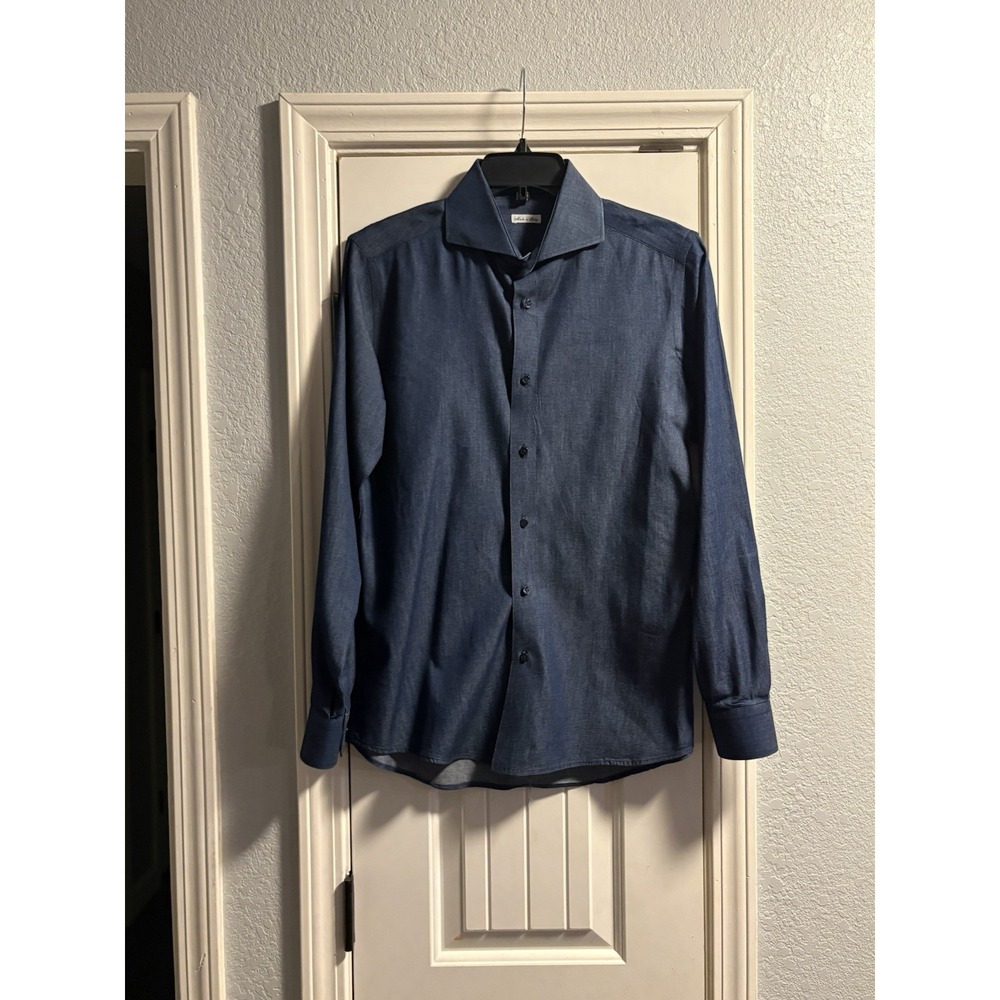 Made in Italy Button Down Shirt Mens 41 16 Indigo Blue Cotton Long Sleeve Spread